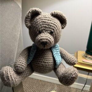 Handcrafted Brown Teddy Bear with Blue Vest